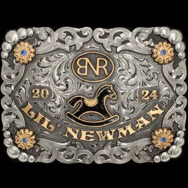 Make the Fawn Belt Buckle your little cowboy or cowgirl's first trophy! Built on a PeeWee Sized hand engraved silver base, it features space for both your custom ranch brand and western figure. Personalize it now!